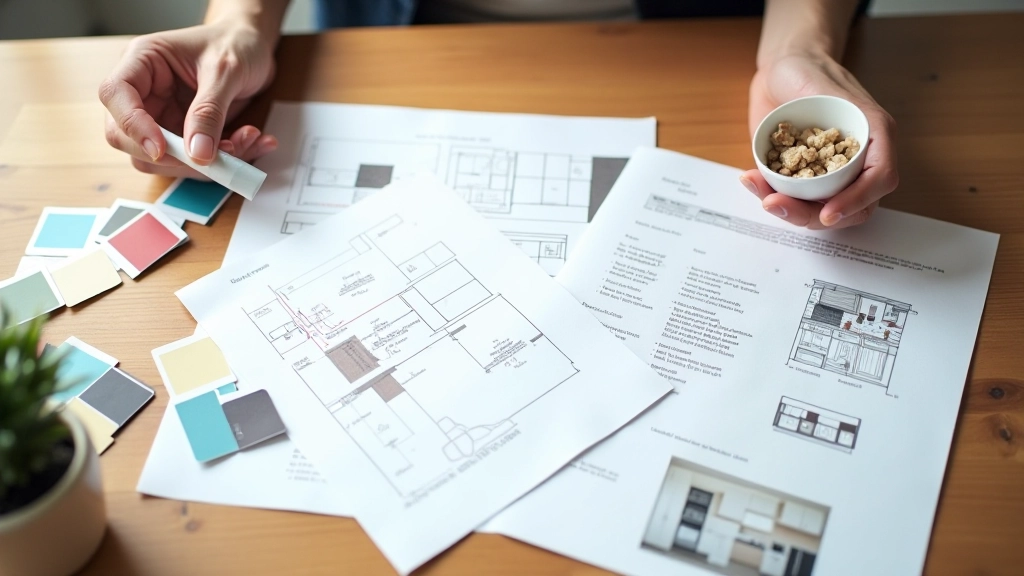 Plan de rénovation de cuisine avec matériaux et outils sur table en bois