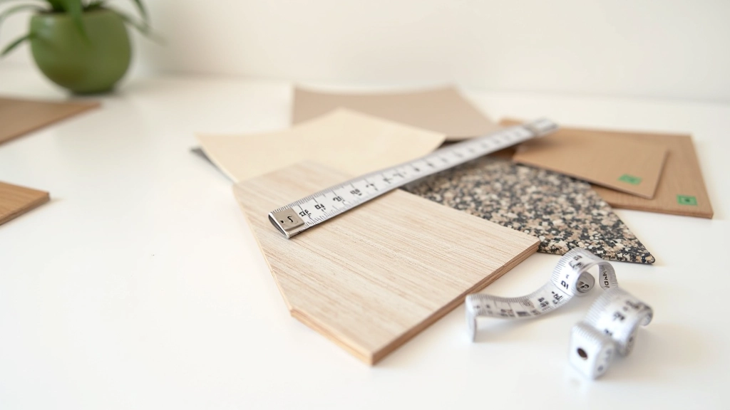 Échantillons de matériaux de cuisine — bois, stratifié, granit, carrelage — alignés sur surface blanche avec rubans de mesure