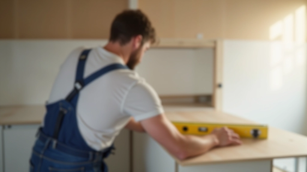 Artisan professionnel installant des armoires de cuisine — niveau à bulle en main, travail précis, chantier moderne
