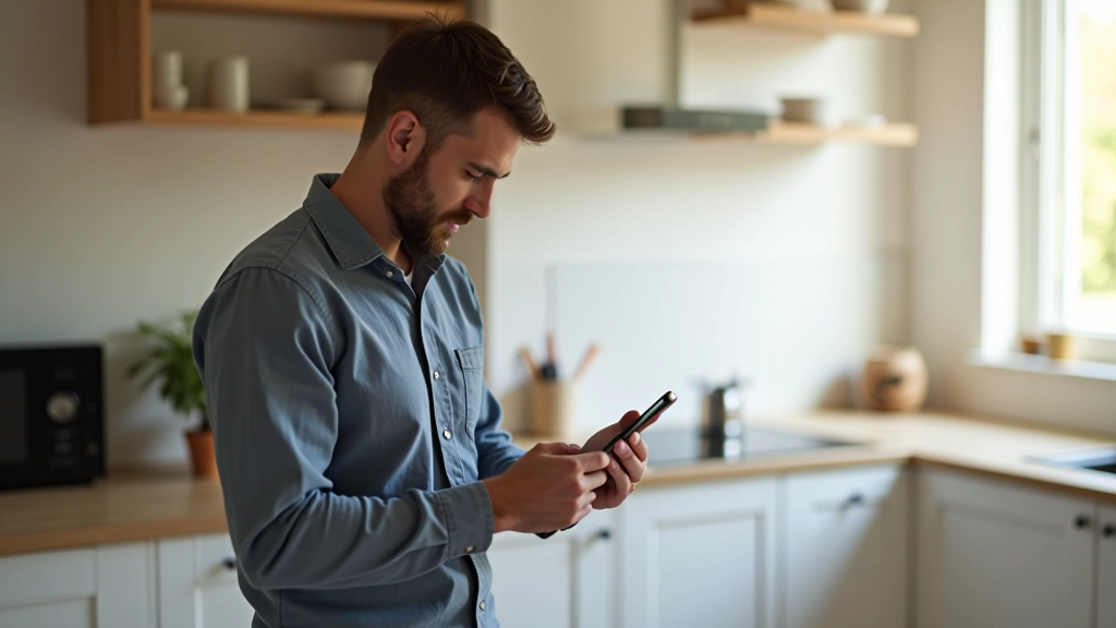 Artisan prenant des photos de cuisine avec téléphone et mesurant les murs