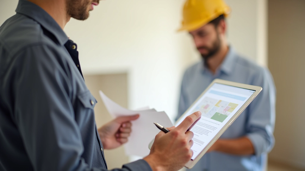 Artisan qui montre un devis sur son téléphone lors d'une visite de chantier